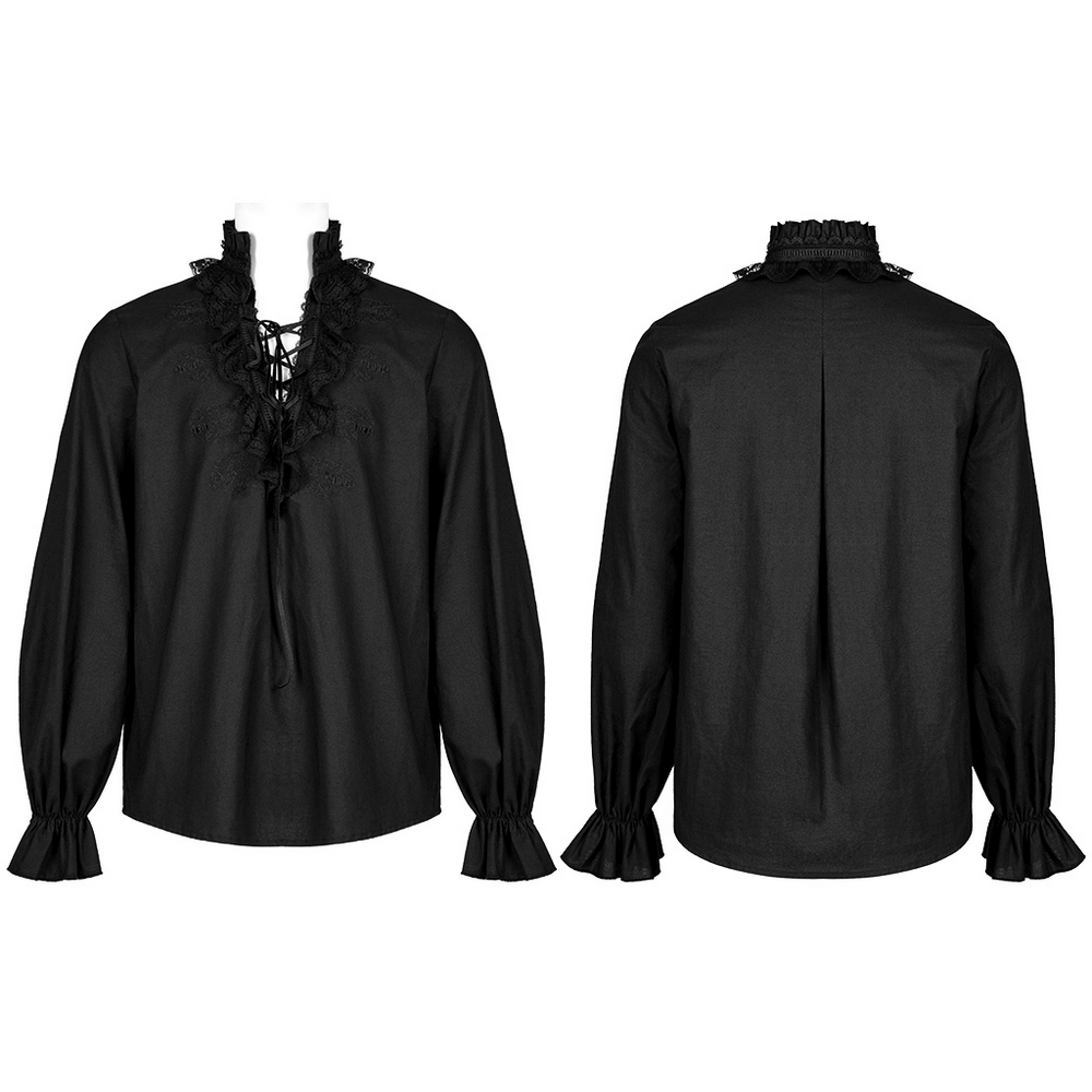 Elegant black lace-trimmed gothic shirt featuring skeleton embroidery and adjustable neckline.