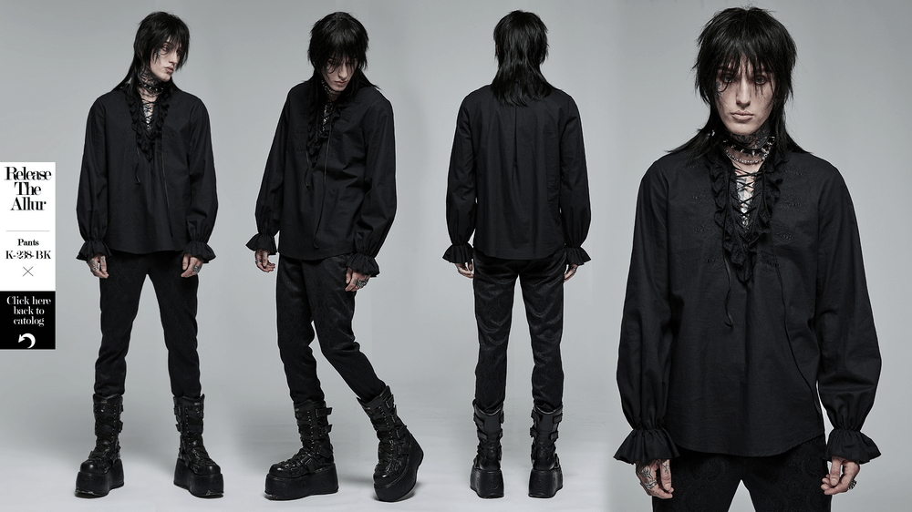 Model showcasing an elegant black Gothic shirt with lace trim and tailored fit, embodying dark fashion style.