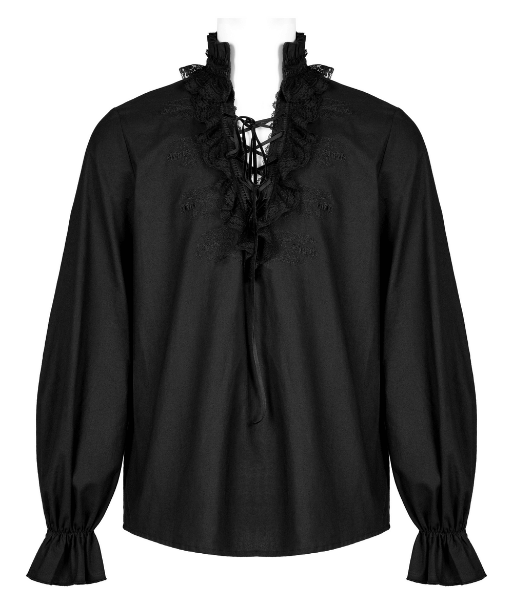 Black lace-trimmed Gothic shirt featuring intricate skeleton embroidery and adjustable drawstring neckline.