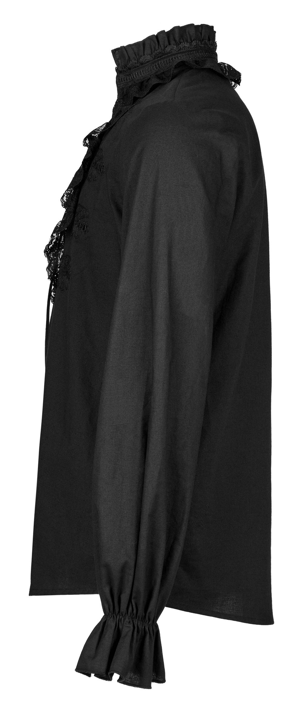 Elegant black Gothic shirt with lace trim and skeleton embroidery, showcasing a stylish side view.
