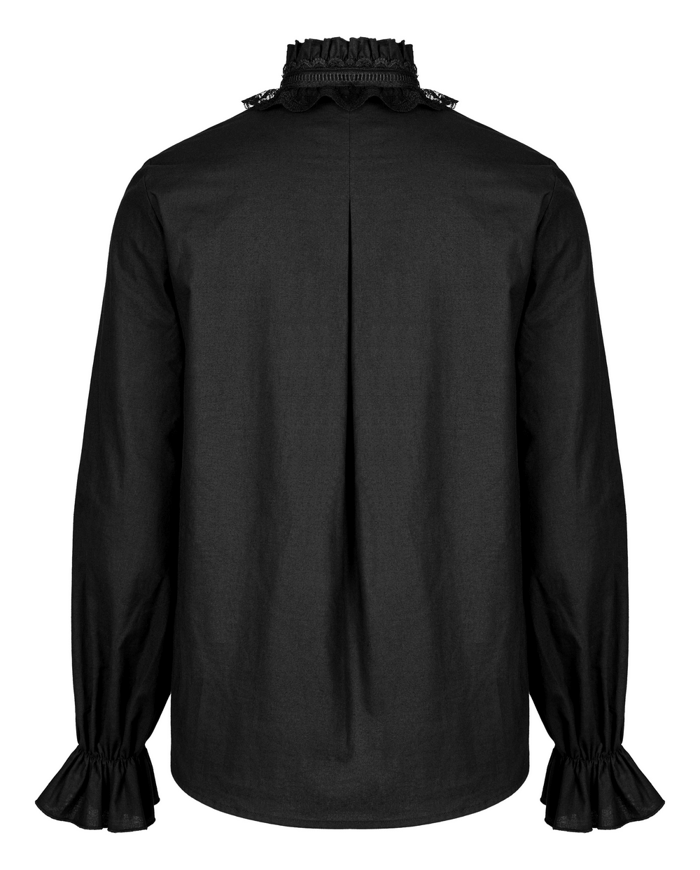 Back view of a black gothic shirt featuring lace trim and ruffled neckline, perfect for a stylish gothic wardrobe.