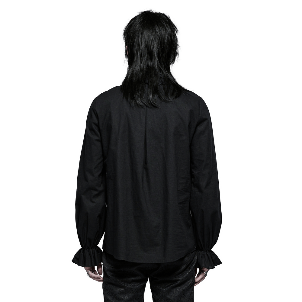 Back view of a gothic black shirt with ruffled sleeves, perfect for a dark, elegant look.