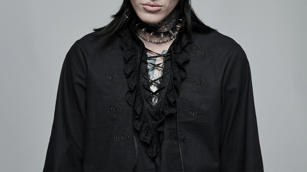 Lace-Trimmed Gothic Skeleton Embroidered Shirt - HARD'N'HEAVY