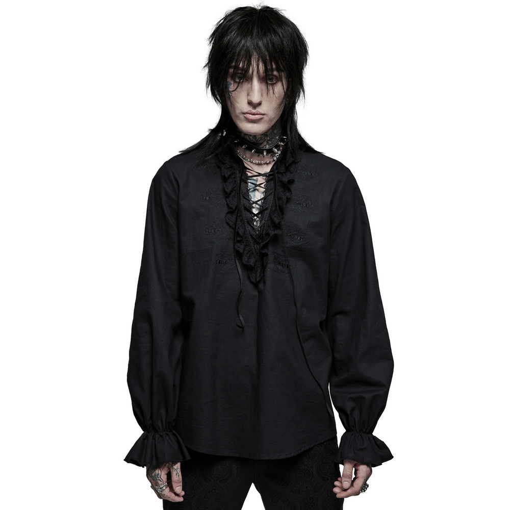 Lace-Trimmed Gothic Skeleton Embroidered Shirt - HARD'N'HEAVY