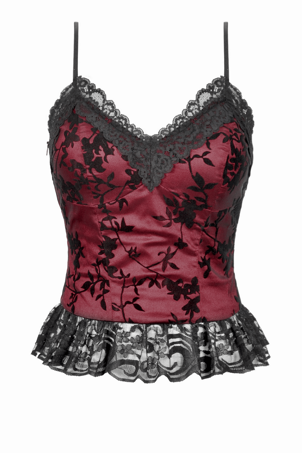 Lace-trimmed satin corset top in burgundy with floral embroidery and peplum hem, perfect for alternative fashion.