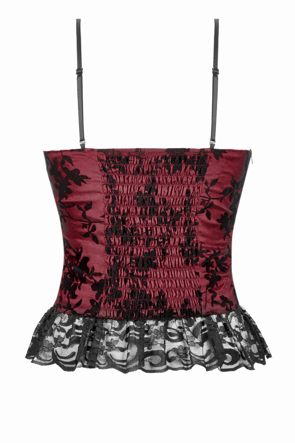 Lace-trimmed satin corset top in burgundy with floral detailing and peplum hem for a gothic-chic look.