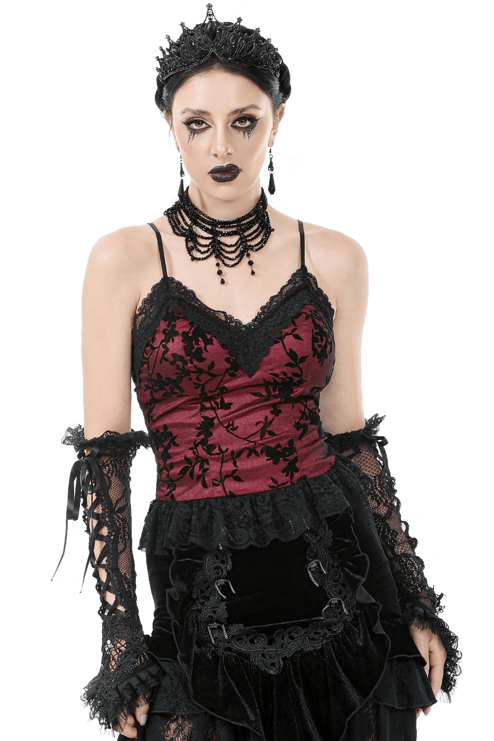 Lace-trimmed satin corset top in burgundy with floral detail and peplum design, perfect for gothic style.