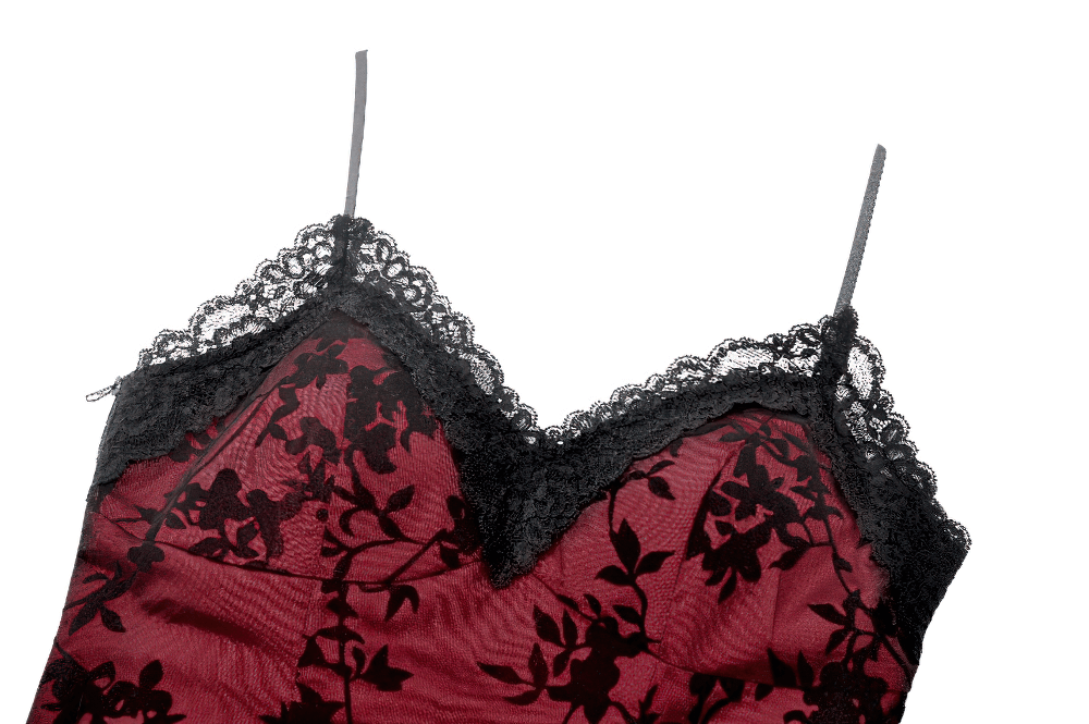 Elegant lace-trimmed satin corset top with floral design in burgundy and black, perfect for gothic and alternative styles.