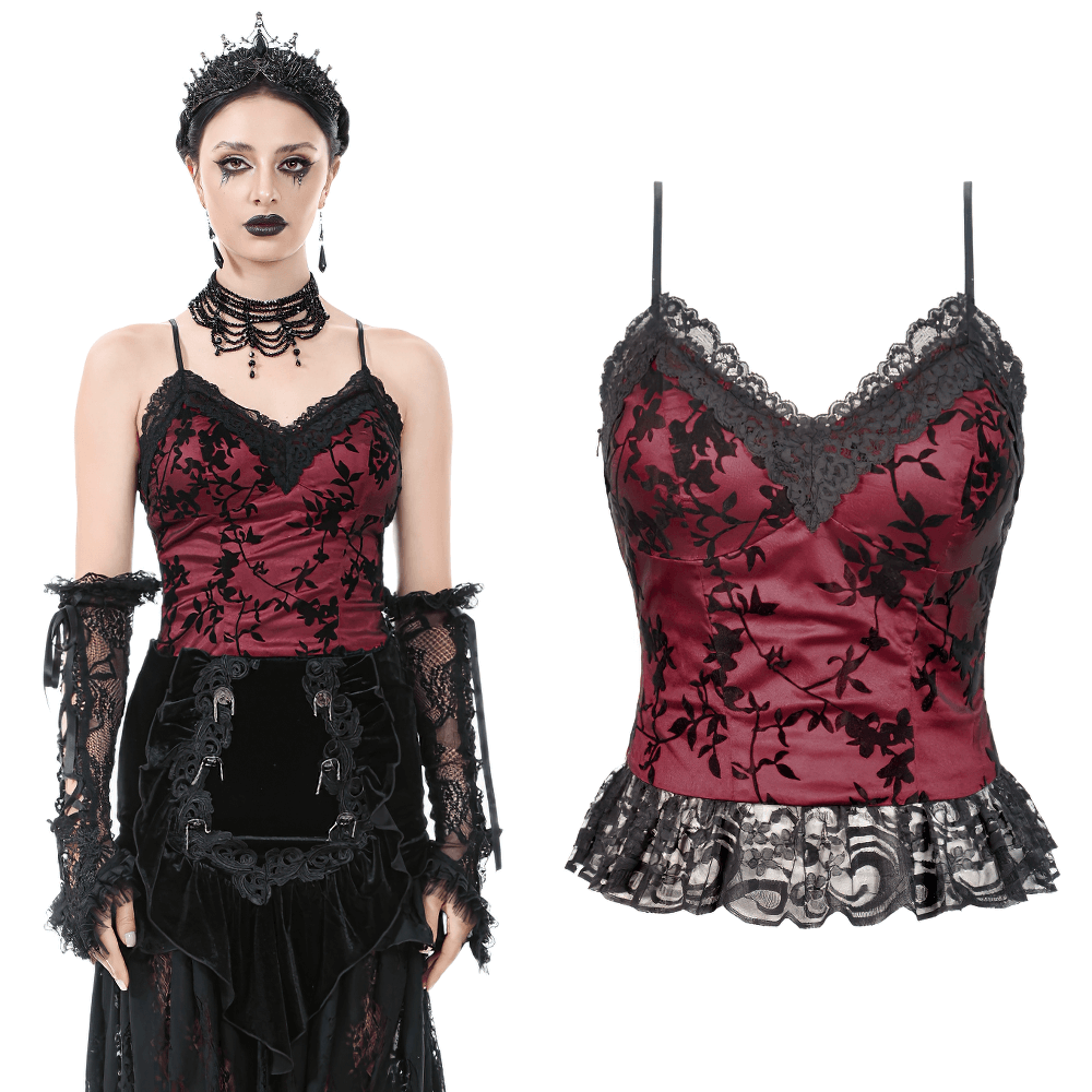 Lace-trimmed satin corset top in burgundy, featuring floral detail and peplum design, perfect for gothic fashion.