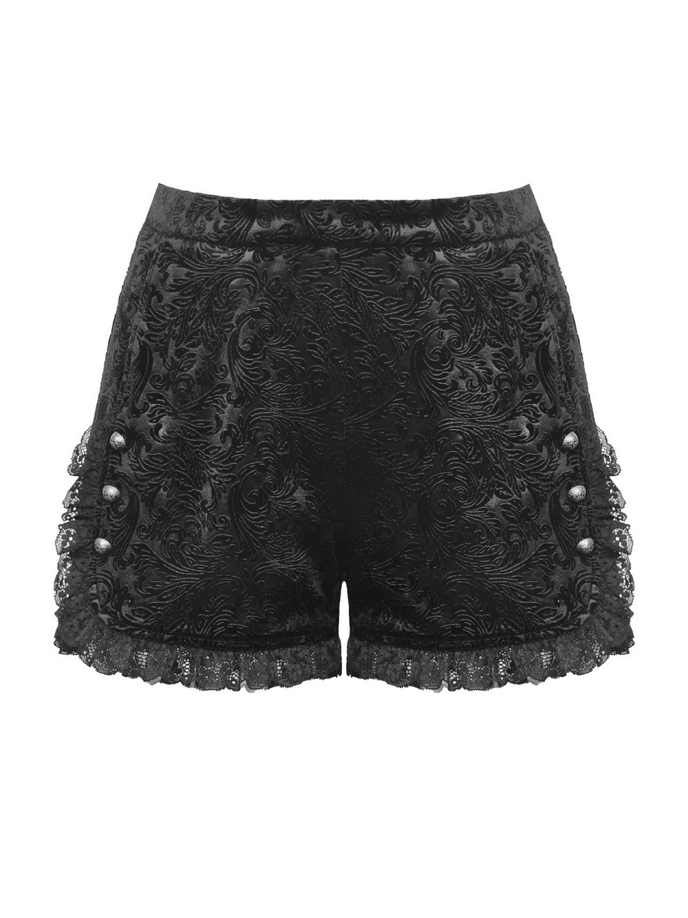 Lace-trimmed black velvet high-waisted shorts featuring decorative buttons.