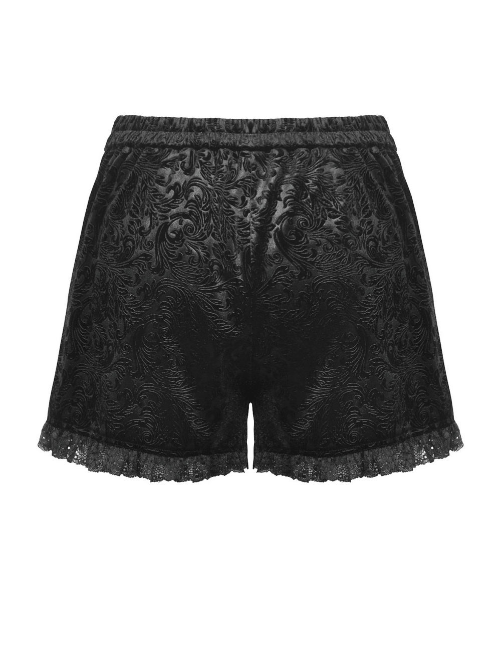 Back view of lace-trimmed velvet high-waisted shorts with buttons, featuring intricate floral patterns in black.