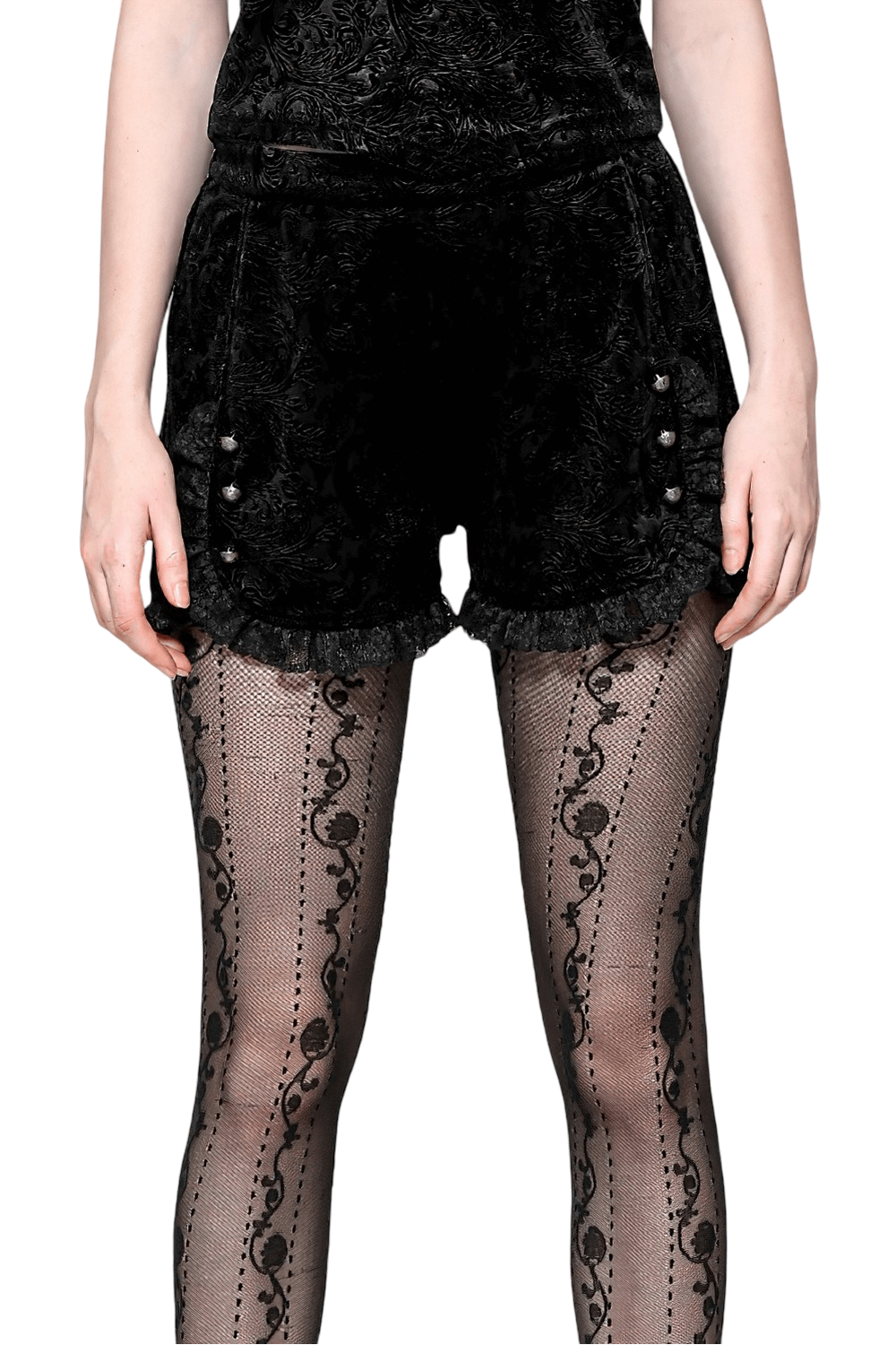 Lace-trimmed high-waisted velvet shorts with buttons, paired with stylish patterned tights.