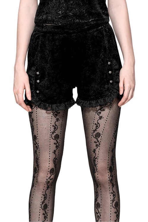 Samt-Shorts mit Spitzenbesatz und hoher Taille mit Knöpfen