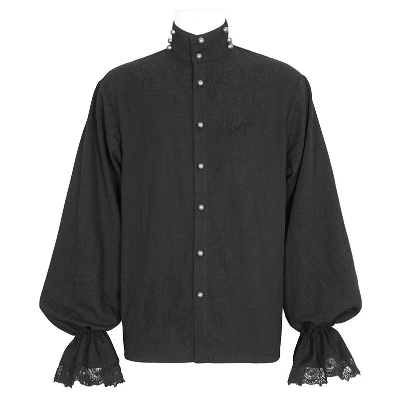 Lace-trimmed Victorian Shirt with High Neck Ruffle Detail for Men - HARD'N'HEAVY