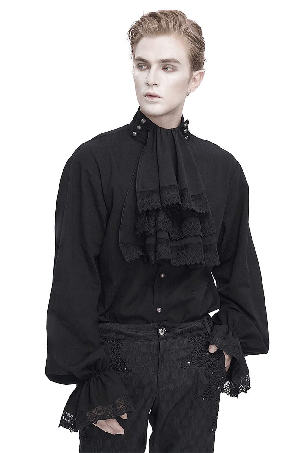Lace-trimmed Victorian Shirt with High Neck Ruffle Detail for Men