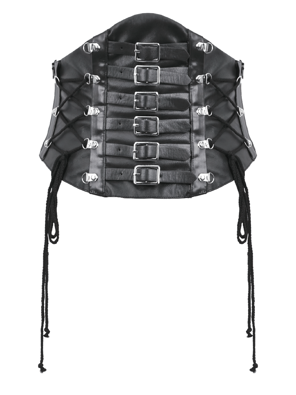 Lace-Up Black Faux Leather Waist Cincher with Straps featuring adjustable straps and edgy buckled details.