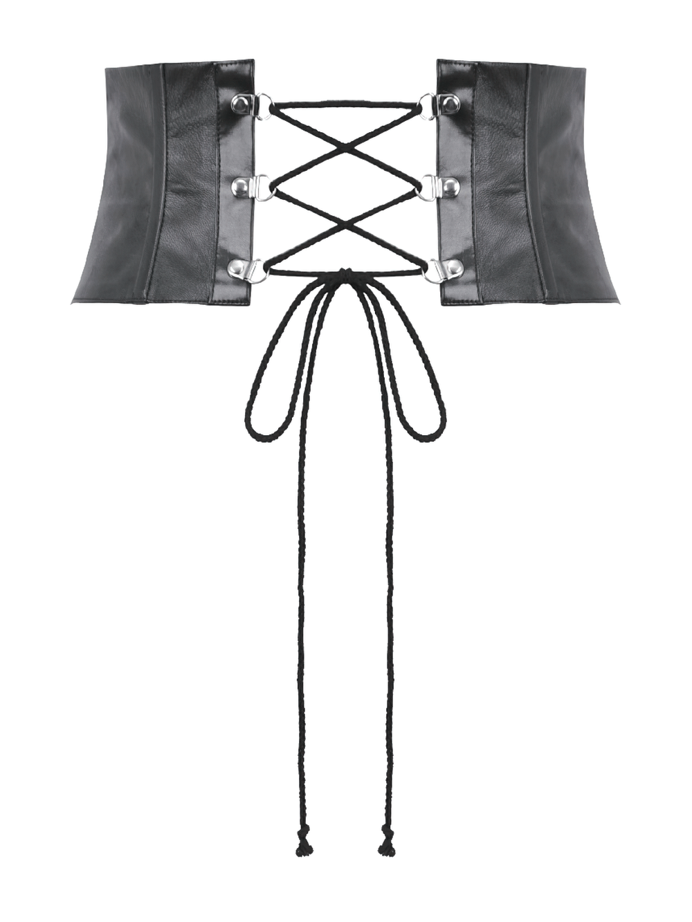Lace-Up Black Faux Leather Waist Cincher with Straps featuring a bold lace-up design and adjustable straps.