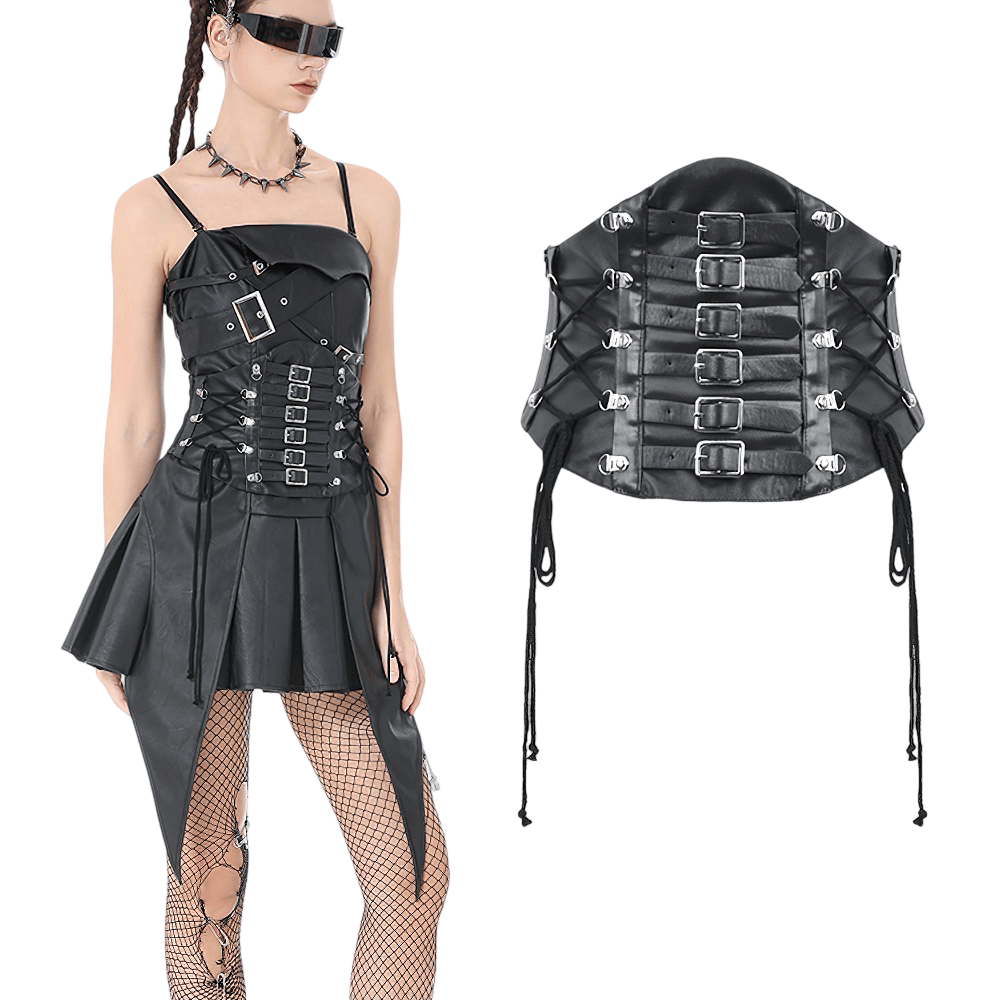 Lace-Up Black Faux Leather Waist Cincher with Straps showcased on a model wearing a gothic outfit.