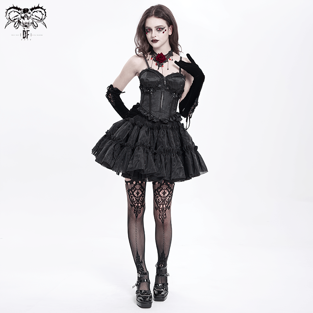 Elegant black floral corset with ruffled skirt, lace stockings, and gothic accessories, perfect for a bold fashion statement.