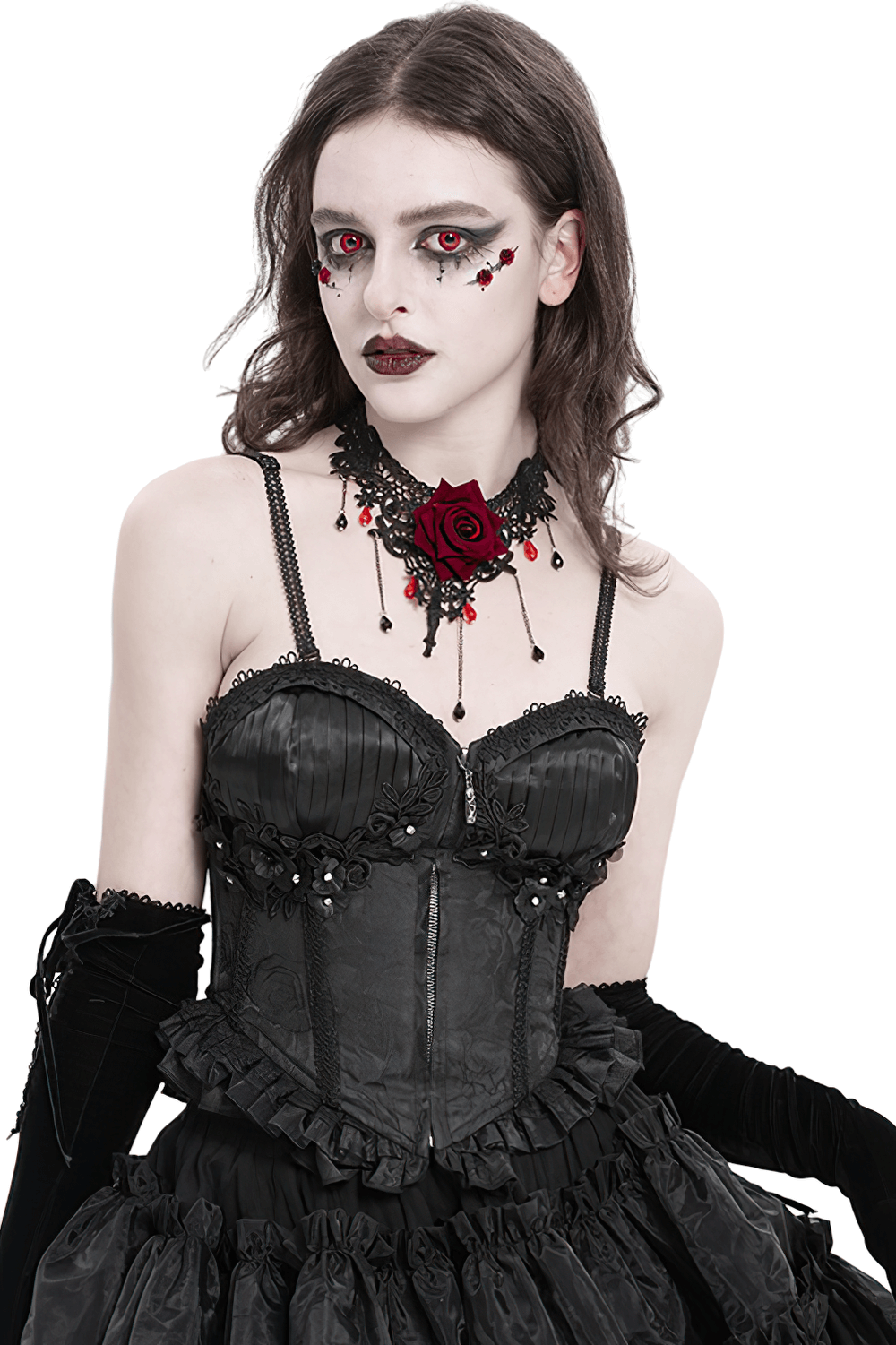 Elegant model wearing a black floral embellished corset with ruffle detail and dramatic gothic makeup.