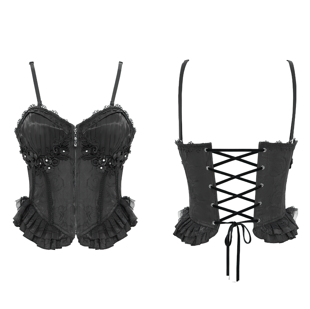 Elegant black floral corset with ruffle detail and lace-up back for a gothic chic look.