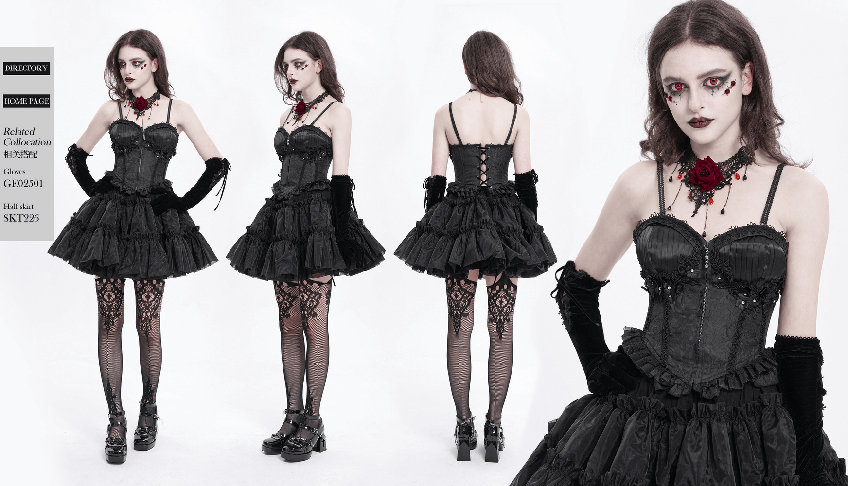 Elegant black floral corset with ruffle detail, paired with lace stockings and chic accessories for a gothic vibe.