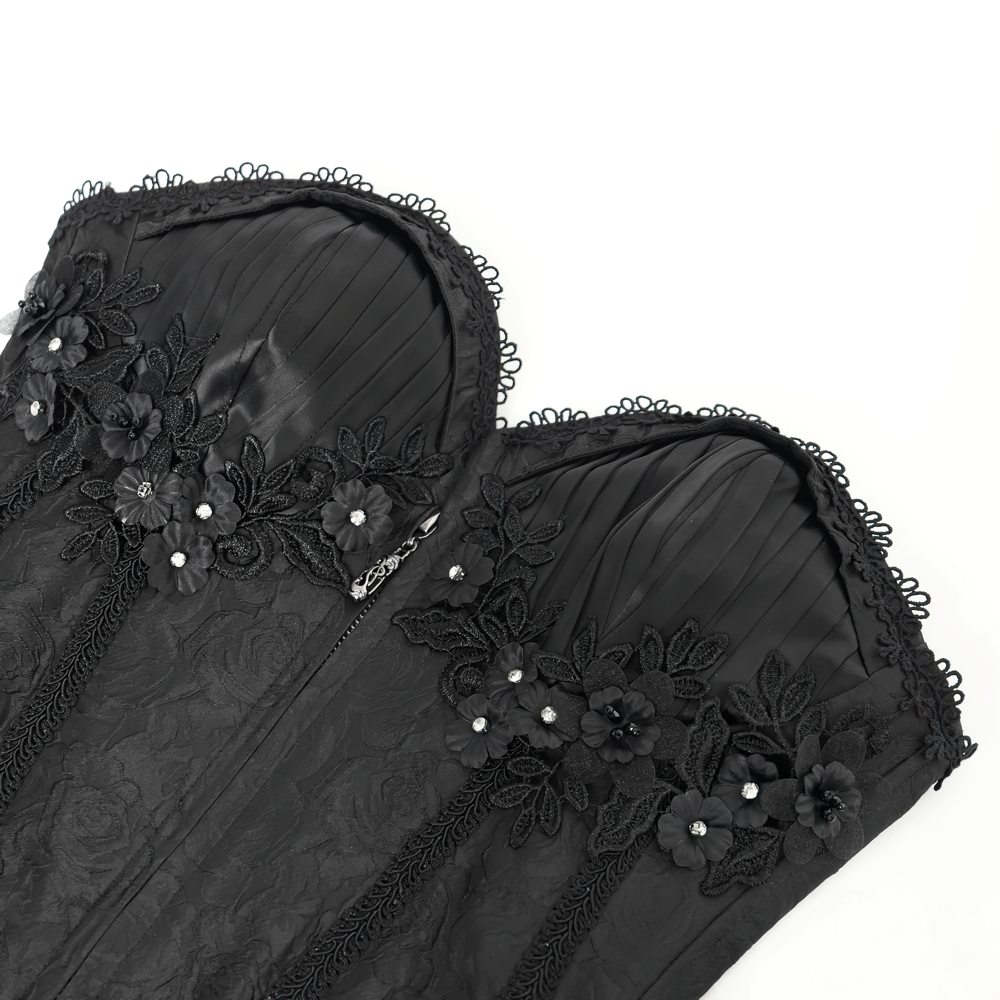 Elegant black lace-up corset with floral embellishments and ruffle details, perfect for a bold gothic fashion statement.