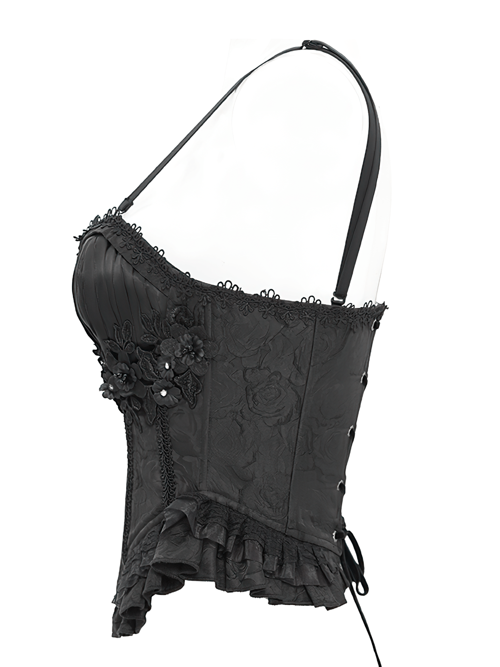 Elegant black floral embellished corset with ruffle detail, featuring adjustable straps and lace-up back for a tailored fit.