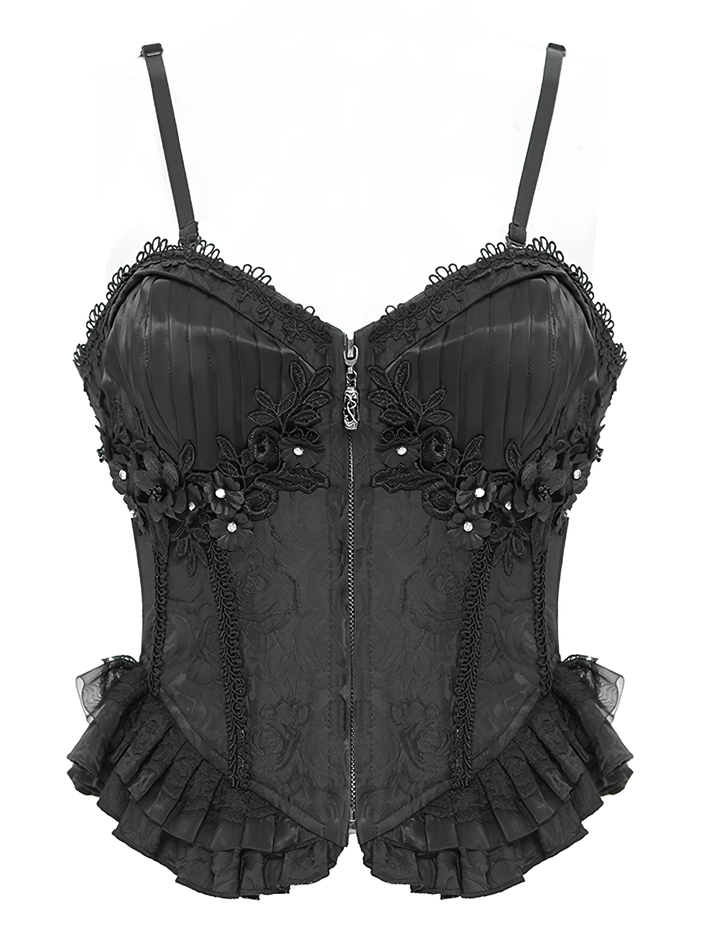 Elegant black floral embellished corset with ruffle detail and lace-up back for a chic gothic look.