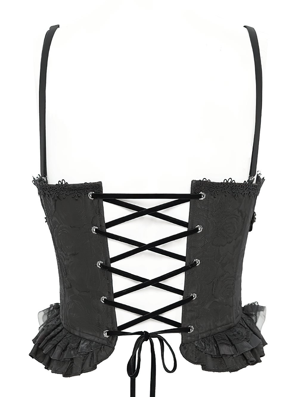Back view of a black floral corset featuring lace-up detail and ruffled hem for a chic gothic look.