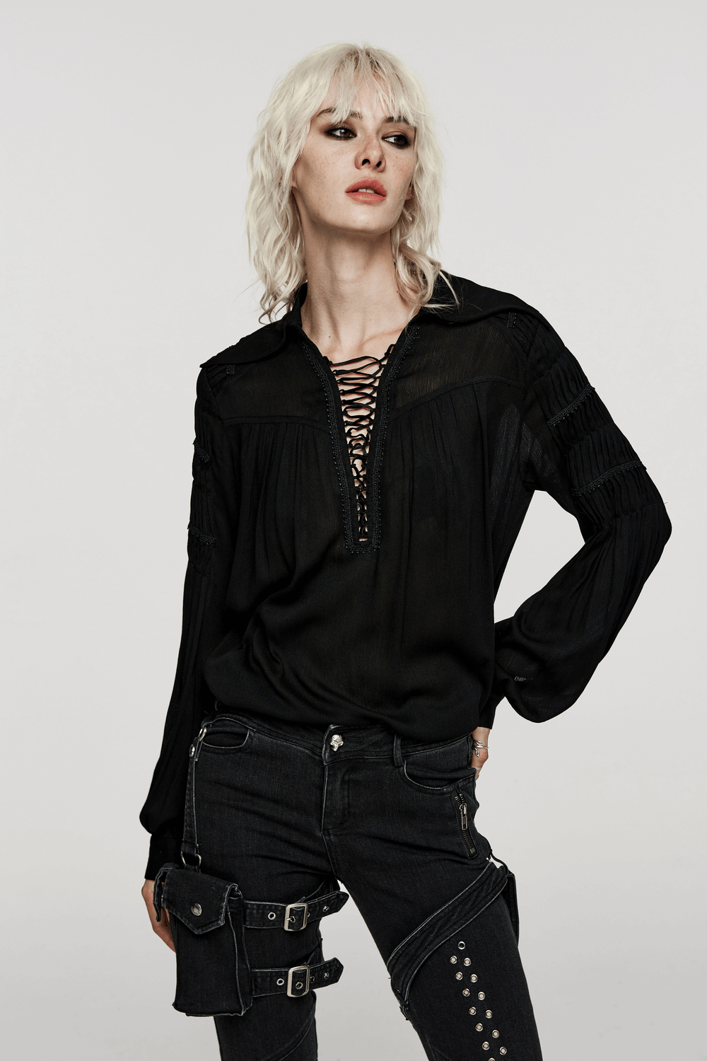 Lace-Up Gothic Blouse with Pleated Sleeves - HARD'N'HEAVY
