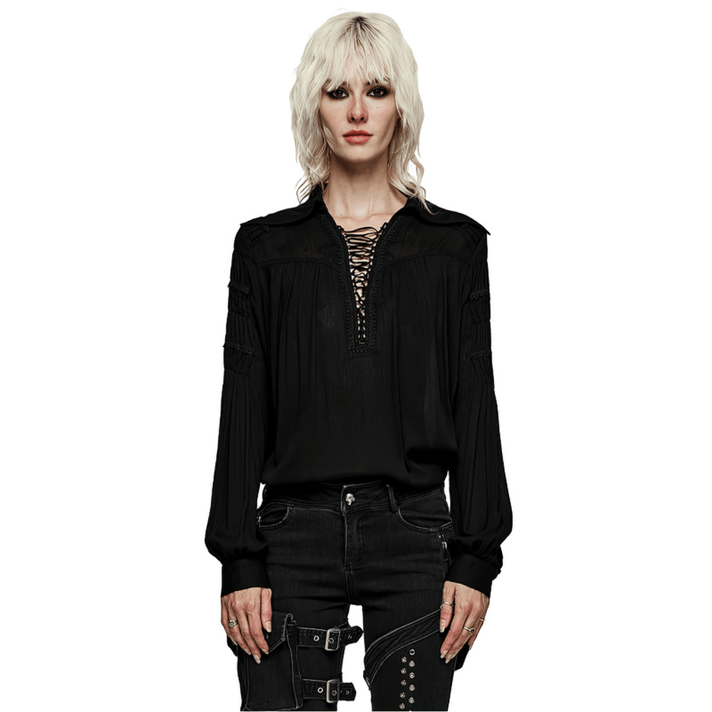 Black lace-up gothic blouse with pleated sleeves, styled for edgy fashion enthusiasts.