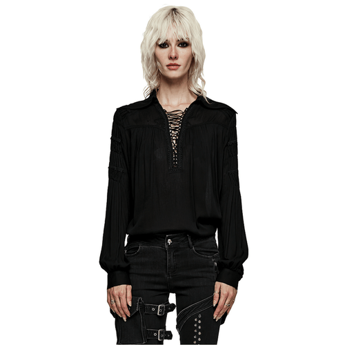Lace-Up Gothic Blouse with Pleated Sleeves