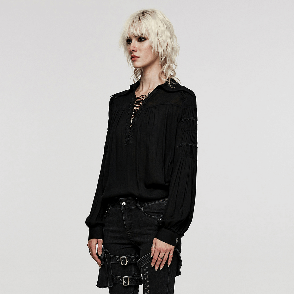 Black lace-up gothic blouse with pleated sleeves, perfect for edgy fashion lovers.