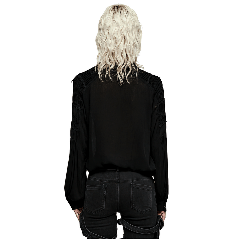 Back view of a black lace-up gothic blouse featuring pleated sleeves, perfect for edgy women's fashion.