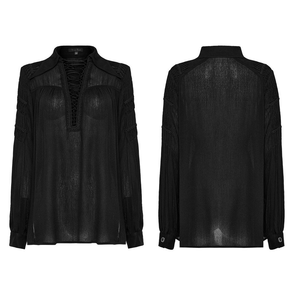 Gothic lace-up blouse with pleated sleeves in black, featuring a deep V-neck and textured cotton fabric.