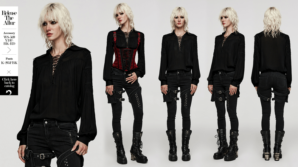 Lace-up gothic blouse with pleated sleeves, black cotton shirt for women, featuring a deep V-neck and velvet drawstring.