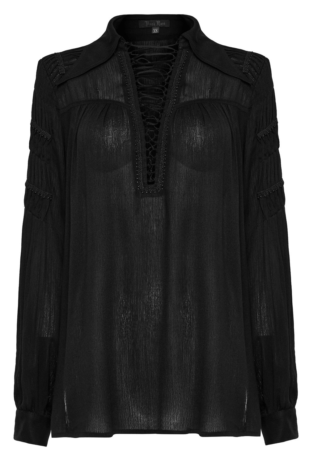 Lace-up black gothic blouse with pleated sleeves and textured cotton for a stylish, edgy look.