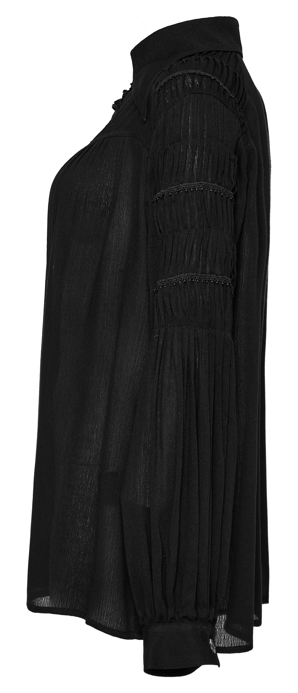 Side view of a black lace-up gothic blouse with pleated sleeves and textured fabric for women.