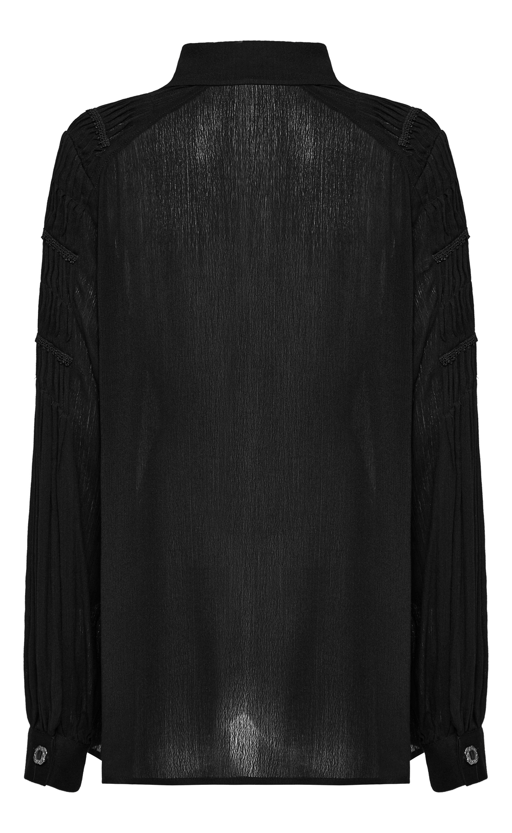 Back view of a black lace-up gothic blouse with pleated sleeves, showcasing textured fabric and elegant detailing.