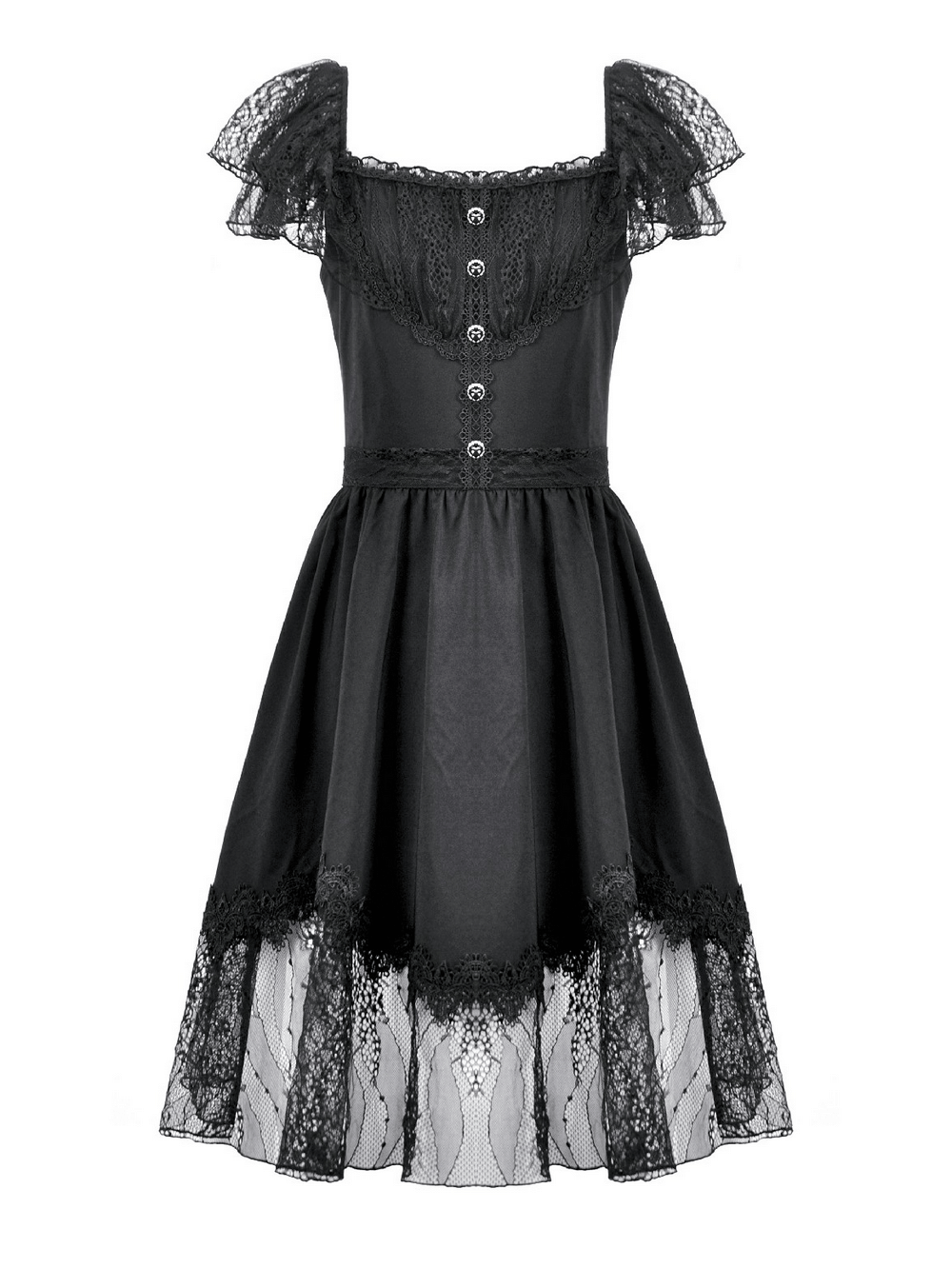 Lace-Up Gothic Dress with Puff Sleeves and Ruffled Hem featuring lace details and a dramatic ruffled hem.