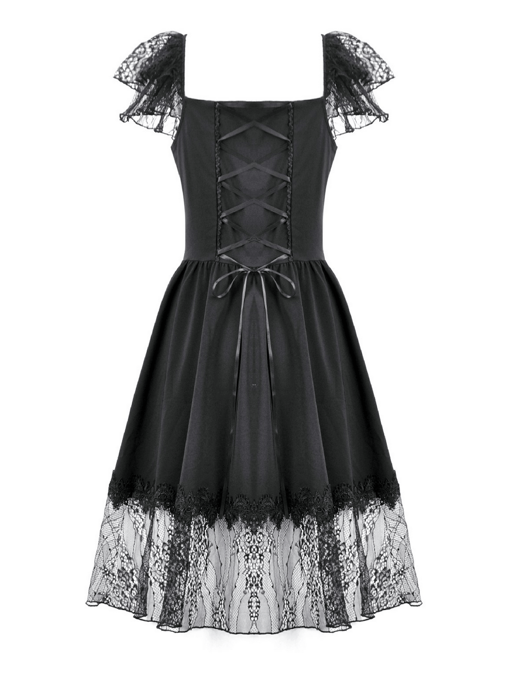 Lace-Up Gothic Dress with Puff Sleeves and Ruffled Hem featuring intricate lace and ribbon detailing.