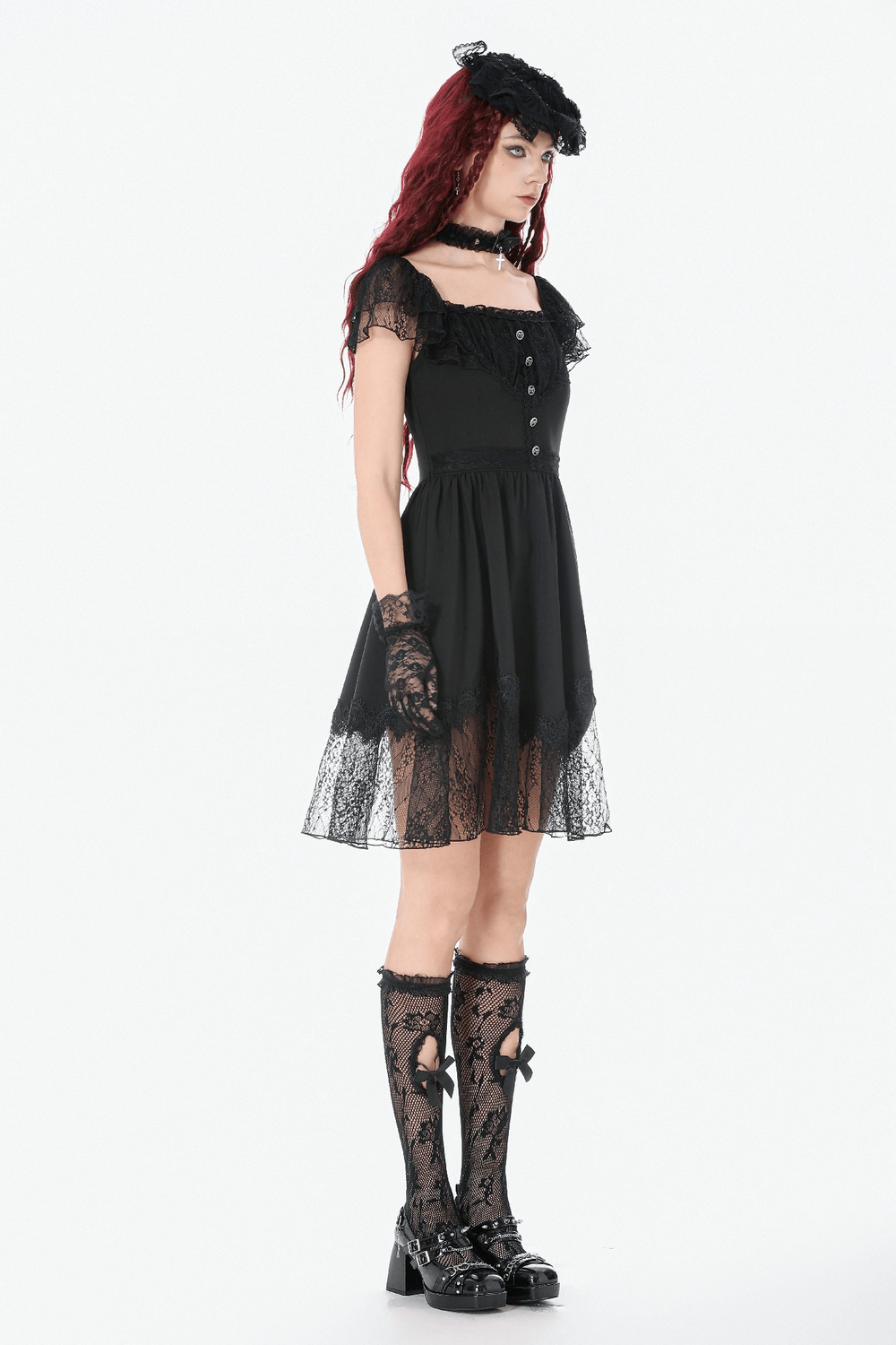 Lace-Up Gothic Dress with Puff Sleeves and Ruffled Hem on a model wearing gloves and lace knee-high socks.