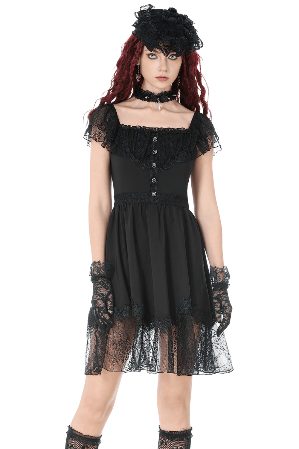 Lace-Up Gothic Dress with Puff Sleeves and Ruffled Hem featuring intricate lace details and a flared skirt.