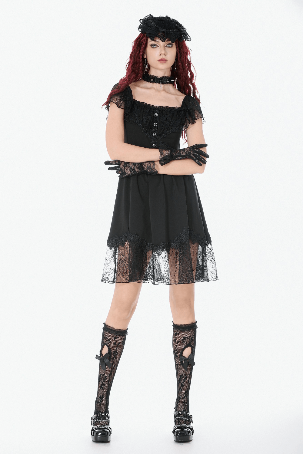 Lace-Up Gothic Dress with Puff Sleeves and Ruffled Hem displayed on a model with lace accents and a dramatic flared silhouette.