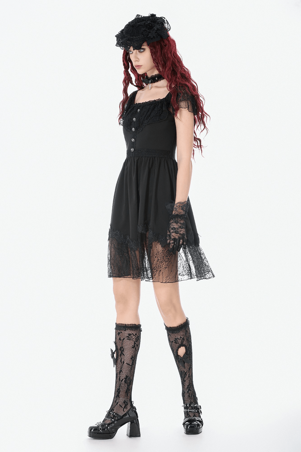 Lace-Up Gothic Dress with Puff Sleeves and Ruffled Hem styled with lace gloves and heart-patterned socks.