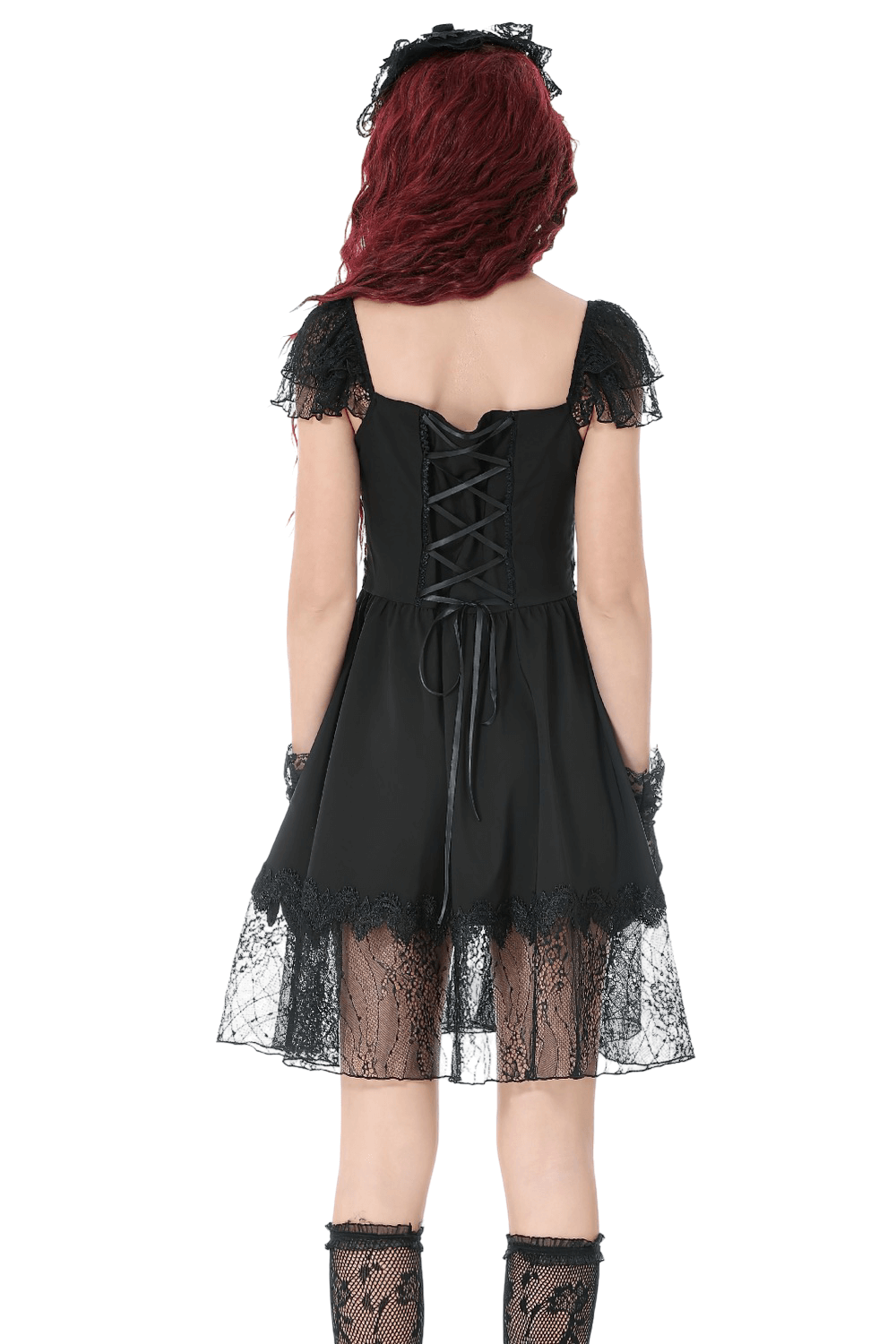 Lace-Up Gothic Dress with Puff Sleeves and Ruffled Hem showcasing the lace-up back and delicate puff sleeves.