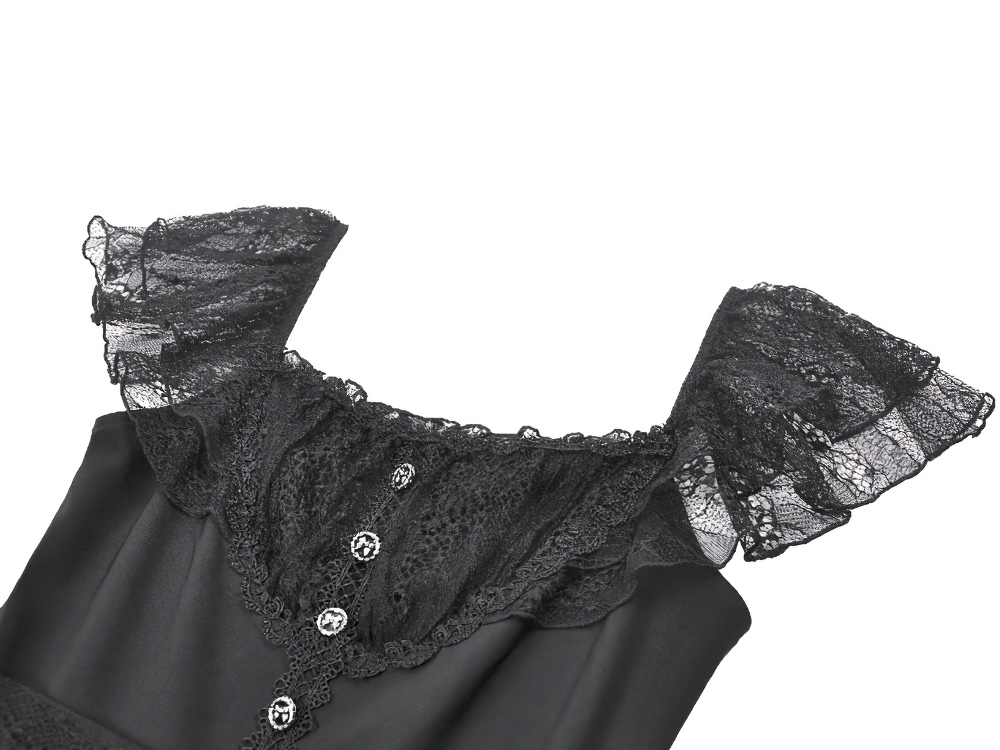 Lace-Up Gothic Dress with Puff Sleeves and Ruffled Hem featuring elegant lace details and puff sleeves.