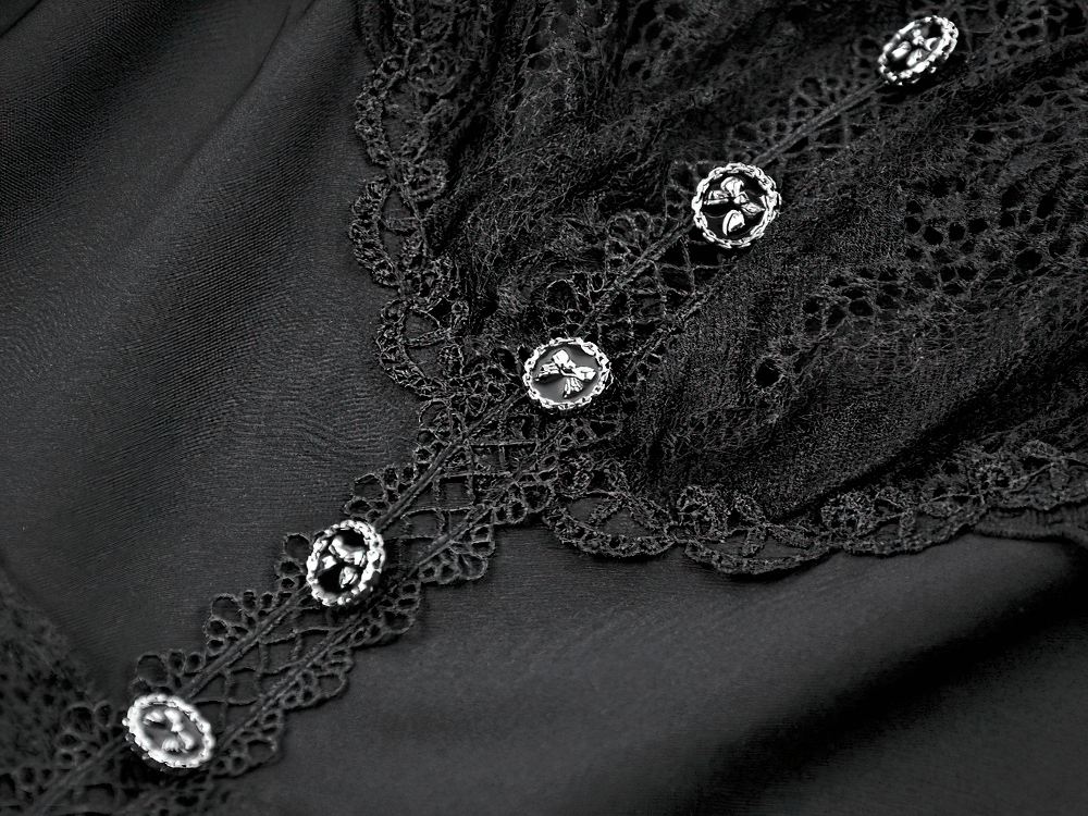 Lace-Up Gothic Dress with Puff Sleeves and Ruffled Hem featuring intricate lace and ribbon details.