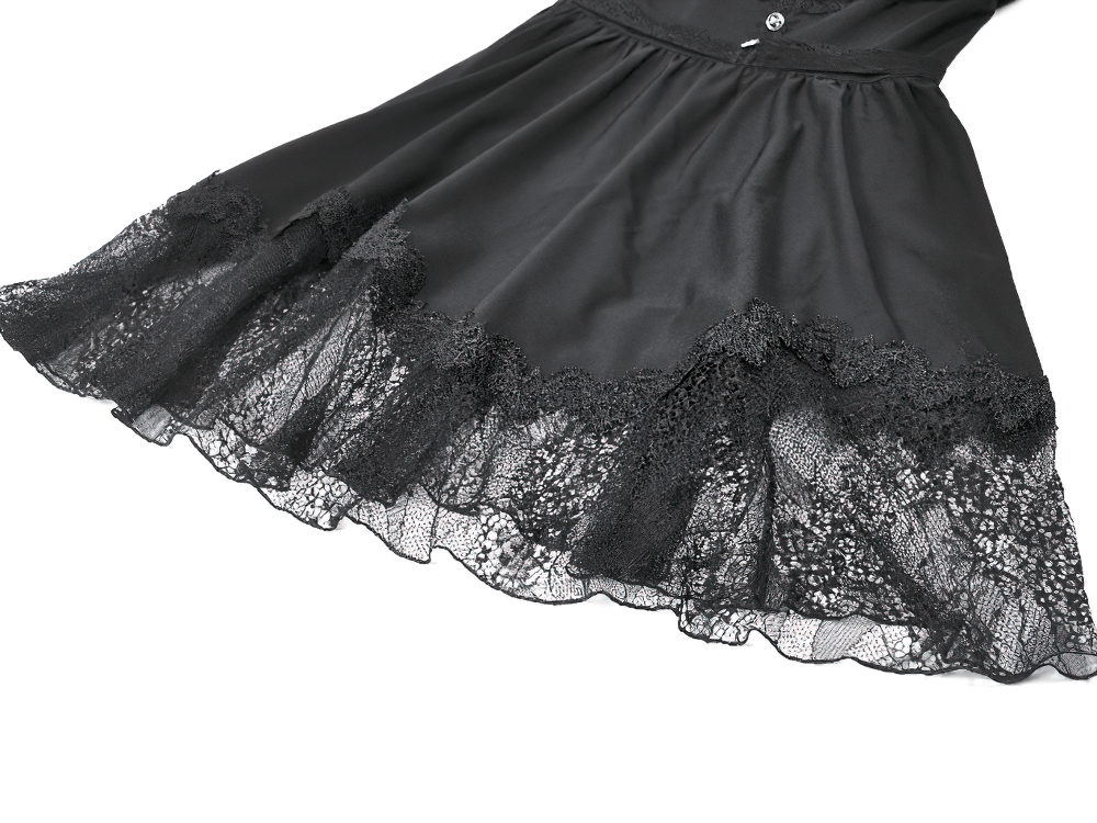 Lace-Up Gothic Dress with Puff Sleeves and Ruffled Hem showcasing elegant lace and ruffled hem details.